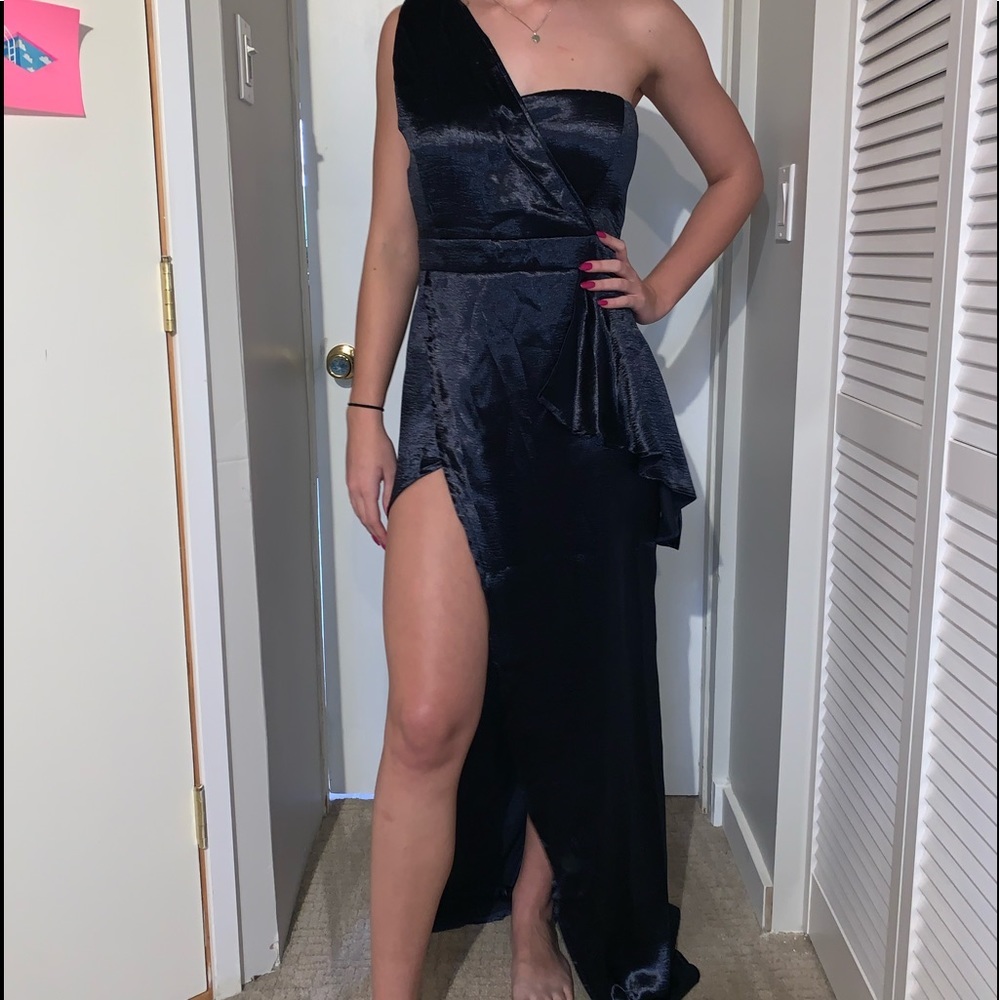 Navy one shoulder Maxi Party Dress with High Slit - Picture 2 of 7